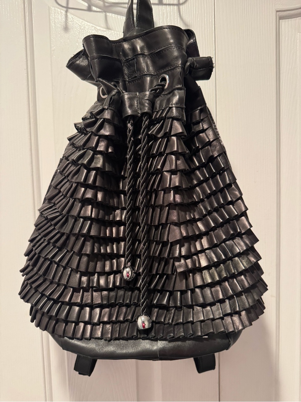Black Leather Ruffle Drawstring Women’s Backpack